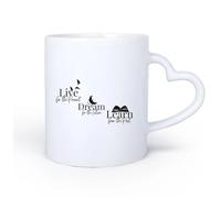 AYUEHBN Mango de cerámica en forma de corazón Tazas de café de cerámica blanca Vive, sueña, aprende, libro, palabras, cita 11oz/320ml Cappuccino, Latte Macchiato, té, espresso