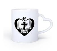 AYUEHBN Mango de cerámica en forma de corazón Tazas de Cerámica con Asas Religión de la escuela dominical Cruz Pájaro Vuela Libro abierto 11oz/320ml Bonito