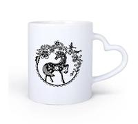 AYUEHBN Mango de cerámica en forma de corazón Tazas de gres para café y té Cuento de hadas Pequeño poni Pájaros del paraíso Flores Bayas 11oz/320ml Bonito