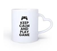 AYUEHBN Mango de cerámica en forma de corazón Tazas de gres para café y té Mantén la calma Juega al juego Frase Sala de juegos 11oz/320ml Para bebidas calientes, latte, capuchino