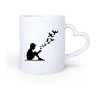 AYUEHBN Mango de cerámica en forma de corazón Tazas de porcelana Patrón de pájaros de la biblioteca con libro abierto para niños leyendo cuentos 11oz/320ml Bonito