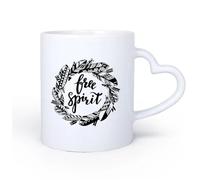AYUEHBN Mango de cerámica en forma de corazón Tazas de té y café Corona de plumas de pájaro de espíritu libre con palabras inspiradoras 11oz/320ml Para cafetería o regalo