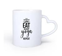 AYUEHBN Mango de cerámica en forma de corazón Tazas Grandes para Bebidas Calientes Estudio de yoga Eat Sleep Repetir palabras Frase 11oz/320ml Para Té, Café, Leche, Capuchino