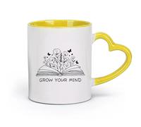 AYUEHBN Taza de cerámica - Cerámica Cultiva tu mente Biblioteca Eslogan Libro Abierto Flores (11 oz/320 ml) Ideal para el hogar, la oficina, cafeterías, ideas de regalo Amarillo