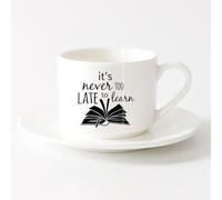 AYUEHBN Taza de Cerámica Cita de estudio de libros de la biblioteca: Nunca es demasiado tarde para aprender （6oz/175ml） Restaurante, oficina Juego de té con taza y platillo (blanco)