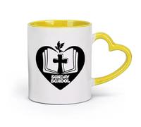 AYUEHBN Taza de cerámica novedosa con diseño de cruz, pájaro y mosca, para escuela dominical, religión, libro abierto (320 ml) para leche, té, cola, agua, color amarillo.