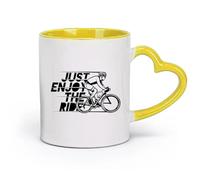 AYUEHBN Taza de cerámica para café Just Enjoy The Ride, ciclista, deportes (11 oz/320 ml), elegante y duradera, apta para microondas y lavavajillas, color amarillo.