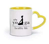 AYUEHBN Taza de té con leche de porcelana de cerámica Yoga Vida saludable Mujer Niña Loto (11 oz/320 ml) Café, té, café con leche, leche, cacao, jugo y otras bebidas calientes Amarillo