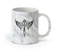 AYUEHBN Taza Taza Jesús Hermosa Cruz Alas Ángel Símbolos Cristianos （11oz/320ml） Regalo divertido para amantes del café, mejores amigos del trabajo, compañeros trabajo y amigos Negro mármol