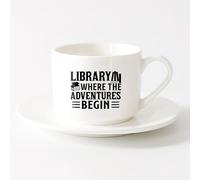AYUEHBN Tazas con Asas Cómodas Logotipo de la biblioteca Aventura Comienza Libros Frase de amor （6oz/175ml） Regalo para hombre o mujer Juego de té con taza y platillo (blanco)