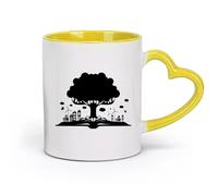 AYUEHBN Tazas de cerámica con asa cómoda, diseño de libro abierto, árbol de la historia del conocimiento (320 ml) para té, café y bebidas calientes, color amarillo.