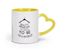 AYUEHBN Tazas de cerámica duraderas La belleza comienza, sé tú mismo, cita inspiradora, motivación, compras, tienda de moda (11 oz/320 ml) para el hogar o el trabajo, color amarillo