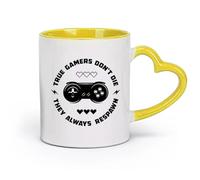 AYUEHBN Tazas de cerámica duraderas Palabras Juego Verdadero Jugador No Mueren Siempre Reaparecen （11oz/320ml） Regalo para Hombres o Mujeres Amarillo