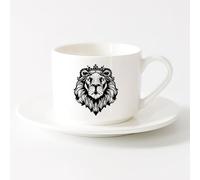 AYUEHBN Tazas de Cerámica para Café, Leche y Té Cabeza de melena con corona de rey animal león （6oz/175ml） Para té, chocolate caliente Juego de té con taza y platillo (blanco)
