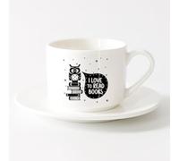 AYUEHBN Tazas de Cerámica para Café, Leche y Té Citas sobre Me encanta leer libros （6oz/175ml） Para bebidas calientes, latte, capuchino Juego de té con taza y platillo (blanco)