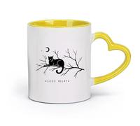 AYUEHBN Tazas de cerámica para el hogar y la oficina Palabras Buenas noches Gato en una rama Luna （11oz/320ml） para café, sopa, té, leche, café con leche, chocolate caliente, damas, hombres Amarillo