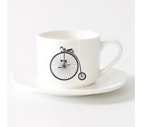 AYUEHBN Tazas Geniales Bicicleta antigua de dos ruedas con pedal de freno del siglo pasado （6oz/175ml） Para leche, té, cola y agua Juego de té con taza y platillo (blanco)