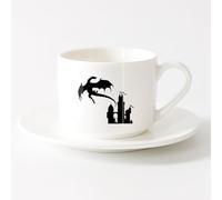 AYUEHBN Tazas personalizadas Cuento de hadas del castillo de la princesa del dragón volador （6oz/175ml） Apto para lavavajillas y microondas Juego de té con taza y platillo (blanco)