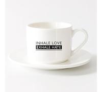 AYUEHBN Vajilla de Cerámica para Hogar Frase de meditación: Inhala amor, exhala odio （6oz/175ml） Tazas de cerámica para el hogar o el trabajo Juego de té con taza y platillo (blanco)