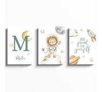 ayurvana Láminas Personalizadas Bebé - Set 3 Animales del Espacio con Inicial, Nombre y Frase - Cuadros SIN MARCO Habitación Niño Niña - Regalo Personalizado Baby Shower, Bautizo, Cumpleaños A4 Mural