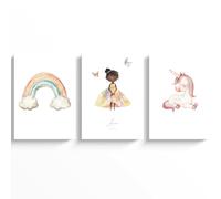 ayurvana Láminas Personalizadas Infantiles - Set de 3 Pósters SIN MARCO - Arcoíris, Castillo, Princesa, Unicornio - Cuadros con Nombre y Fecha - Regalo Baby Shower, Bautizo o Nacimiento - A4