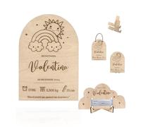 Ayurvana Natalicio de Madera Personalizado con Soporte para Brazalete de Hospital - Placa de Nacimiento Bebé con Nombre, Fecha, Peso y Talla - Regalo Original Recién Nacido y Bautizo - Arcoíris