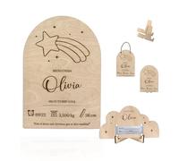 Ayurvana Natalicio de Madera Personalizado con Soporte para Pulsera de Hospital - Kit Recuerdo de Nacimiento Bebé con Nombre, Fecha, Peso y Talla - Regalo Original Recién Nacido y Bautizo - ESTRELLA