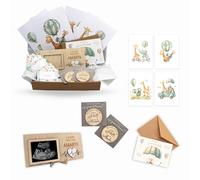 Ayurvana Pack Regalo Bebé Recién Nacido - Canastilla de Madera con Marco Ecografía, Monedas de Decisión y Tarjetas Hitos - Kit Bienvenida Baby Shower Padres Primerizos Estilo Safari A4