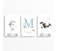 ayurvana: Set 3 Láminas Bajo el Mar Personalizadas con Nombre e Inicial | Set de 3 láminas A4 personalizables. Incluye inicial y nombre. Diseño acuarela tierno para decorar habitaciones infantiles.