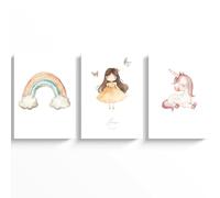 ayurvana Set de 3 Láminas Personalizadas para Niña - Cuadros con Nombre y Fecha - Decoración Infantil Estilo Acuarela: Unicornio, Arcoíris y Princesa - Papel Premium 200g (A3/A4)