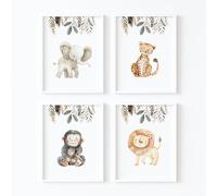 ayurvana Set de 4 Láminas Infantiles Safari Acuarela - Decoración Habitación Bebé Estilo Boho y Neutro - Cuadros Animales: Elefante, León, Mono y Leopardo - Papel Premium A4 SIN MARCO