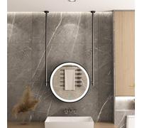 AYVADA Espejo de Pared para Techo con Luces LED, Redondo, Colgante para baño de Hotel, tocador, Marco de Metal Negro, Flotante, Decorativo (diámetro de 60 cm/23,6 Pulgadas)