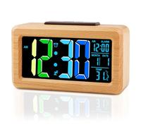 Ayybboo Reloj Despertador Digital de Madera,Despertador Inteligente con Números de Colores y Gran Pantalla LCD,Sensor de Luminosidad,Alimentación por Pilas o Cable (Azul-Verde-Haya)