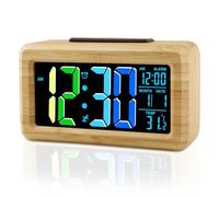 Ayybboo Reloj Despertador Digital de Madera,Despertador Inteligente con Números de Colores y Gran Pantalla LCD,Sensor de Luminosidad,Alimentación por Pilas o Cable (Azul-Verde-Bambú)