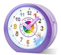 Ayybboo Reloj Despertador Infantil para Niña y Niño,Analógico Educativo Silencioso sin Tictac con Luz Nocturna y Snooze,Regalo para Vuelta al Cole (Violeta)