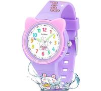 Ayybboo Reloj Infantil Niña Niño,3D Orejas de Gato Analógico Relojes de Pulsera con Agujas Luminiscentes,30M Impermeable Reloj de Aprendizaje para niños con Correa Impresa para 4-12 Años (Púrpura)