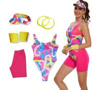 AYYOHON Disfraz de entrenamiento de los años 80, leotardo, leggings, muñequeras, visera solar, juego de aretes para Halloween, mujer, Margot Robbie, cosplay, M