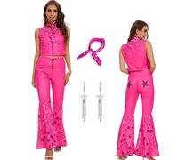 AYYOHON Disfraz de vaquera hippie de los años 70 y 80, traje de discoteca, chaleco rosa, pantalón acampanado, Halloween, Margot Robbie, cosplay para mujer, talla XL