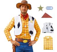 AYYOHON Disfraz de Woody para adulto, camisa de vaquero Woody, chaleco, pañuelo, sheriff, conjunto de insignias para hombre, Halloween, cosplay, trajes L