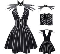 AYYOHON Vestido de pesadilla de Navidad para mujer, disfraz de Jack para adultos, vestido acampanado a rayas con corbatín, uniforme de Halloween, talla 2XL