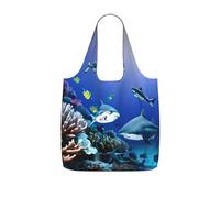AYYQWE Bolsa de compras plegable y reutilizable con estampado de tiburón que nade bajo el mar para viajes, gimnasio, mochila de viaje o camping