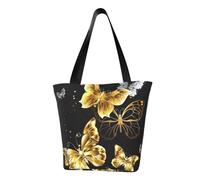 AYYQWE Bolso de hombro para mujer, diseño de mariposas blancas y doradas, con estampado negro, ligero, casual, compras, todos los días