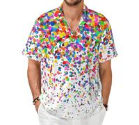 AYYQWE Camisa de manga corta con estampado artístico de lunares de colores para hombre, diseño tropical, para viajes, playa, oficina, uso diario, ligera, Negro, L