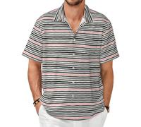 AYYQWE Camisa de manga corta para hombre, color rosa, gris claro y gris oscuro, con estampado de rayas, para viajes, playa, oficina, uso diario, ligera, Negro, XS
