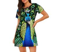 AYYQWE Camisón de manga corta para mujer, con estampado de pavo real, ligero, para descansar, Negro, M