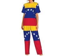 AYYQWE Conjunto de pijama de manga corta con estampado de bandera de Venezuela para mujer, ropa de dormir suave y cómoda, ropa de dormir, Negro, XL Corto