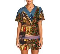 AYYQWE Conjunto de pijama de manga corta para mujer, diseño de pueblo de carnaval de Navidad, ropa de dormir acogedora para el hogar, Negro, XXL Corto