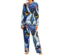 AYYQWE Conjunto de pijama de manga larga a juego con estampado de búho azul para mujer, suave, cómodo, ropa de dormir elástica, Negro, 3XL