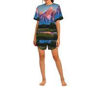 AYYQWE Grand Teton National Park Print - Conjunto de pijama de manga corta para mujer, transpirable, para uso diario, cómodo para el hogar, Negro, L Corto