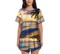 AYYQWE Impresionante conjunto de pijama de manga corta para mujer con estampado de playa de Jamaica, ligero, transpirable, ropa de dormir para uso diario en casa, Negro, L